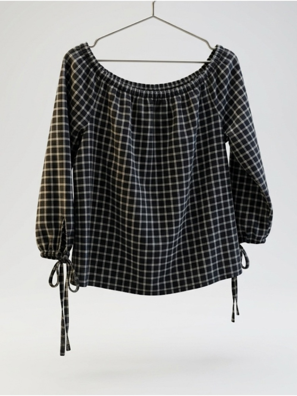 Madewell Coastal 100% Cotton Plaid Off Shoulder Tie Sleeve Top